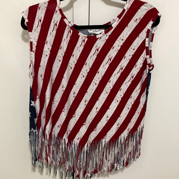 Cloud Chaser NWOT Red, White & Blue American Flag Fringed Sleeveless T Shirt. - Picture 1 of 6